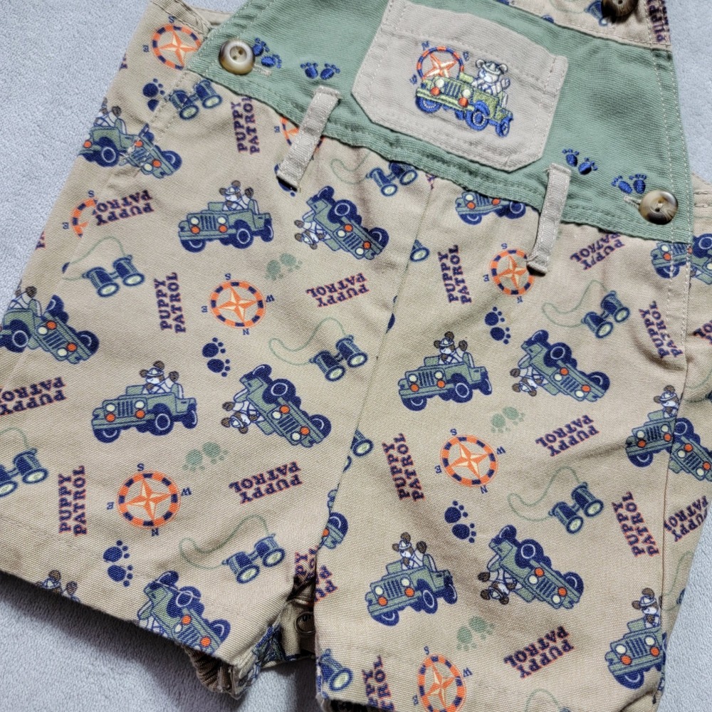 b.t. kids Vintage Puppy Patrol Jeep Shortall Overalls Khaki Green 6-9 Months - Picture 3 of 8